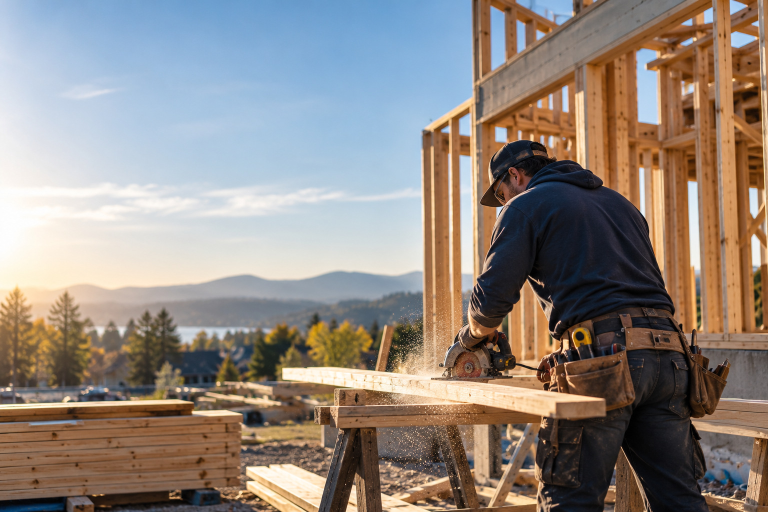 Charpentier &agrave; l'ouvrage sur une structure en bois